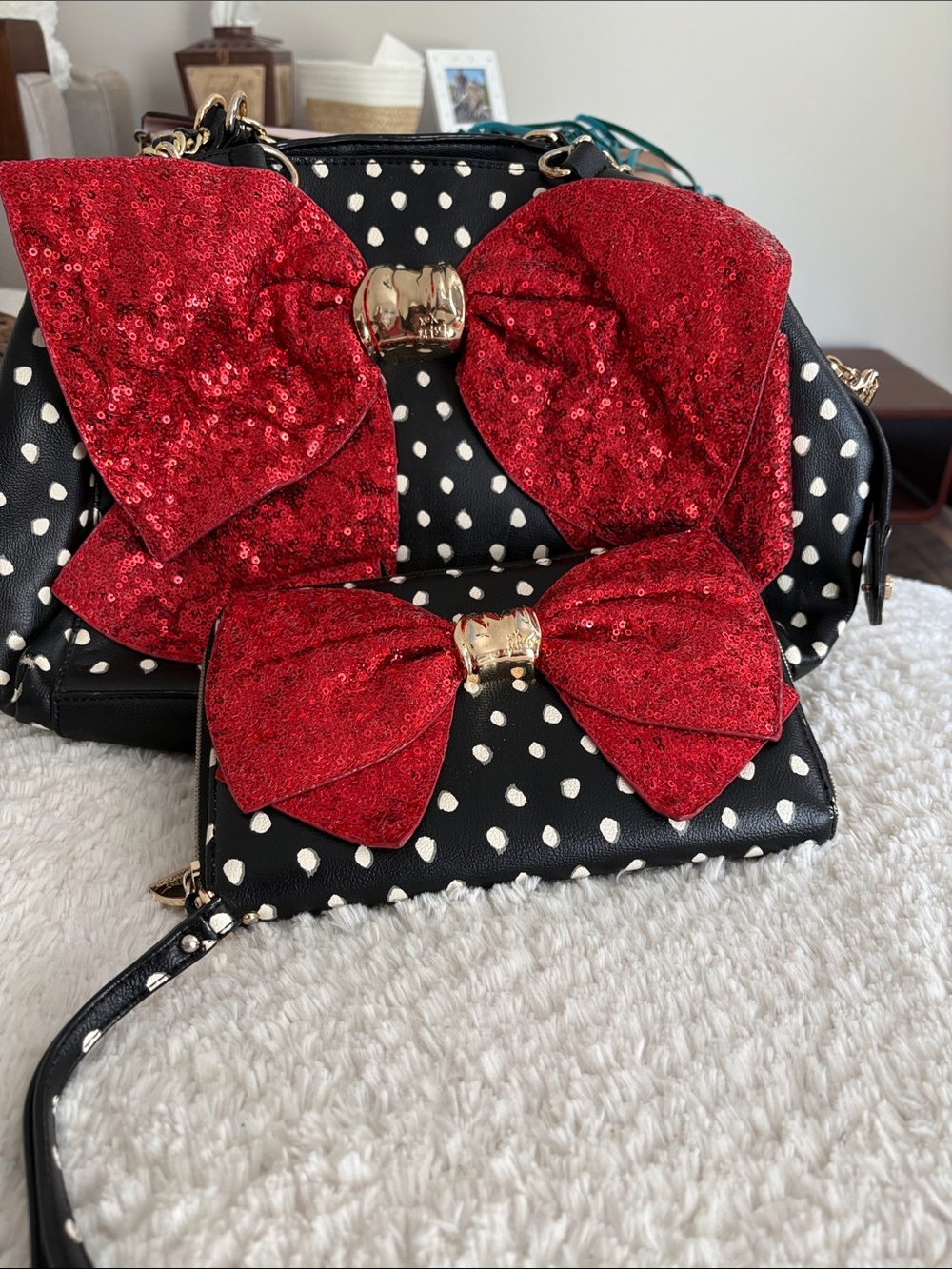 Betsey Johnson Black Polka Dot Crossbody with Red Sequin Bow Accents
